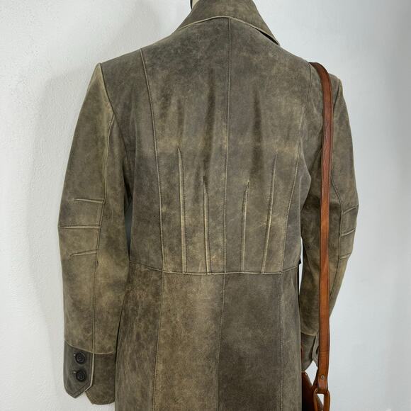 Vintage 90s Distressed Style Leather Trench Coat Button Front Size Medium - Picture 5 of 8